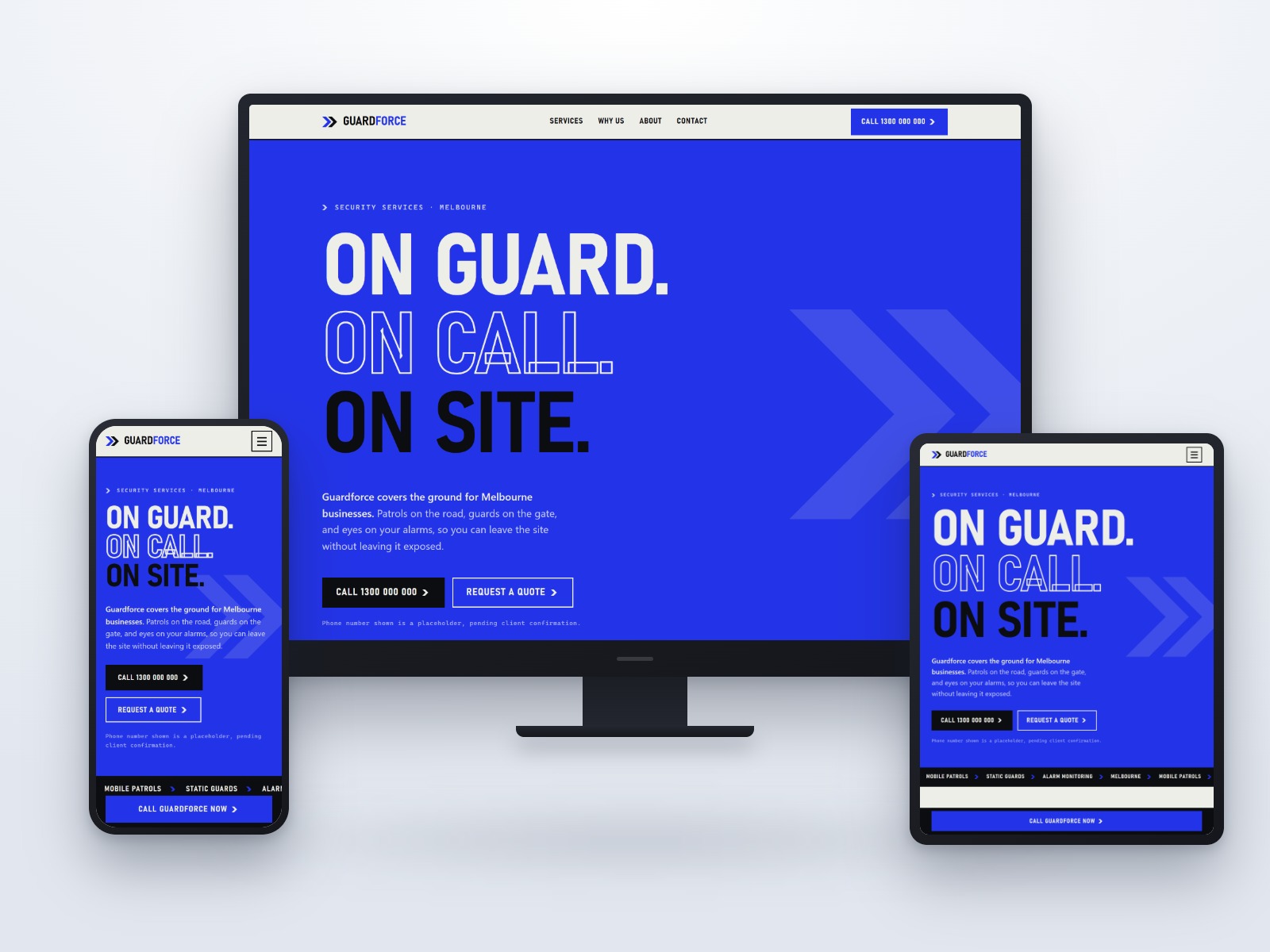 The Guardforce Security website shown on a desktop monitor, a tablet and a phone