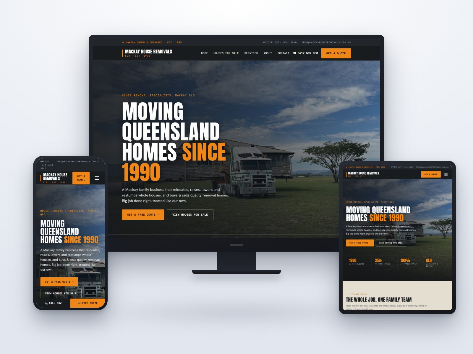 The Mackay House Removals website shown on a desktop monitor, a tablet and a phone