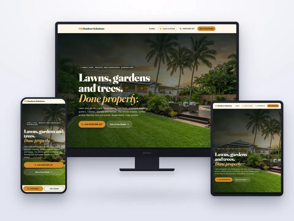 The NQ Outdoor Solutions website on a desktop, a tablet and a phone