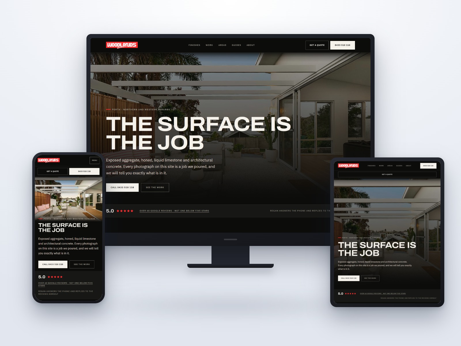 The Woodlands Construct website shown on a desktop monitor, a tablet and a phone